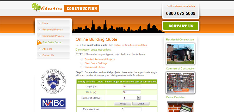 Cheshire Construction building quote page