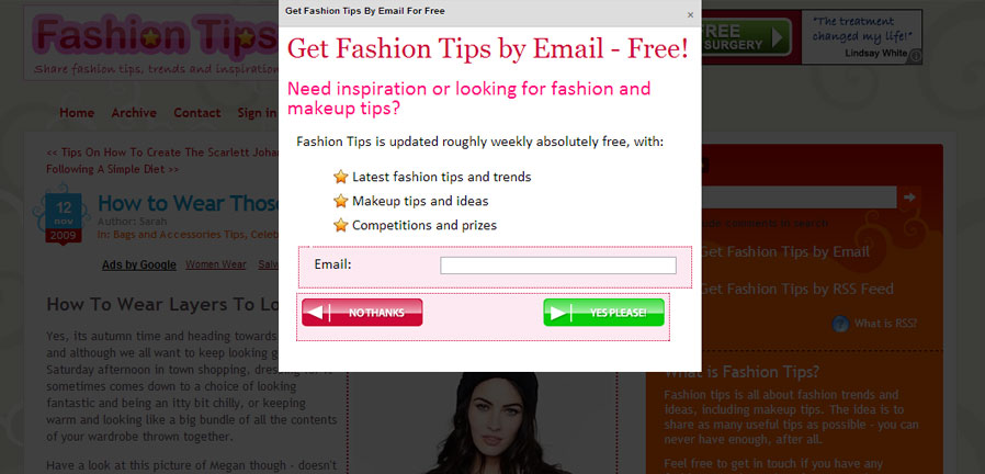 Fashion Tips automated subscriber popup